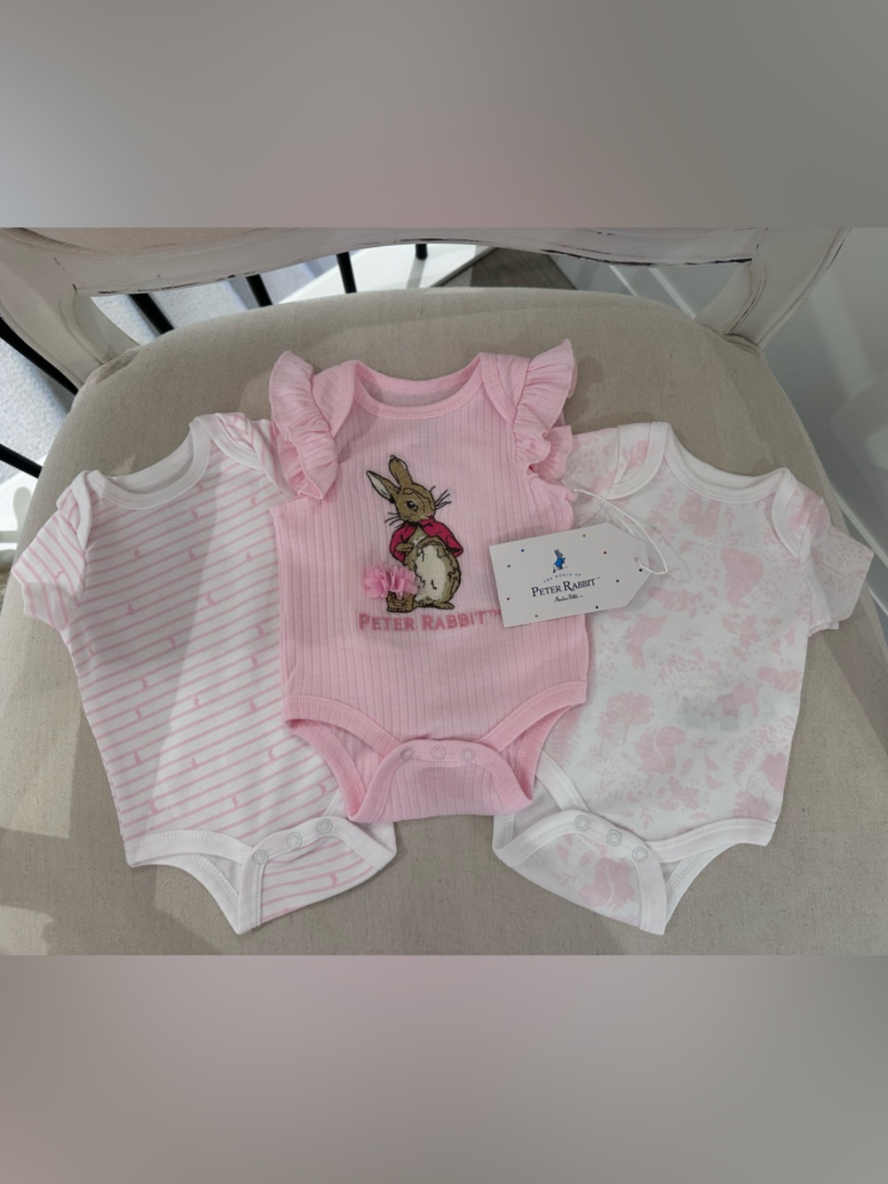 🤍 Newborn Peter Rabbit Embroidery & Toile Pink Ruffle-Sleeve Baby Bodysuits NWT